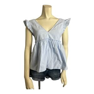 Zara TRF Blouse Shirt Top Ruffled Sleeve Baby Blue Babydoll Casual Cotton Xs